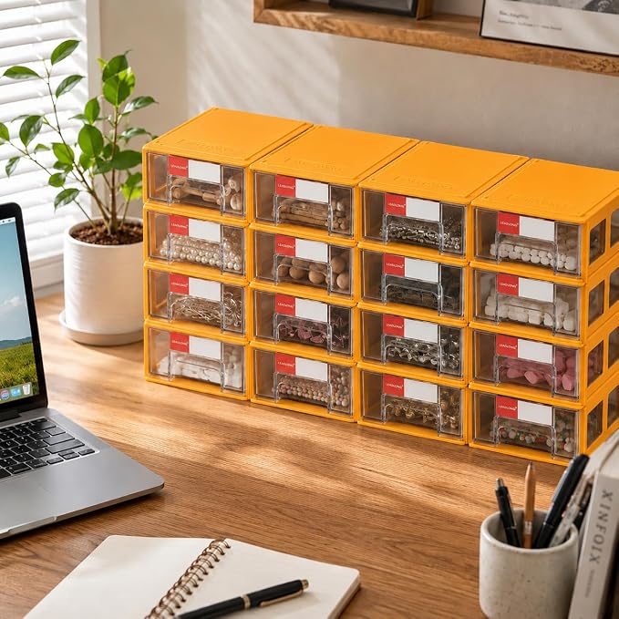 16pc Stackable Plastic Storage Drawers Mini Desk Organizer Yellow | Versatile mini desktop storage box 5.5x3.4x1.6", perfect for garage, home, school and office craft organization. - Image 7