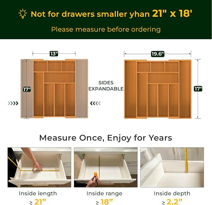 keechee 6-Piece Bamboo Drawer Organizer Set, 2.2" Deep Multi-Use Organizers for Utensils, Silverware, Cutlery, Desk, Bathroom, Junk Drawer & Makeup, Non-Slip Feet Included. - Image 2