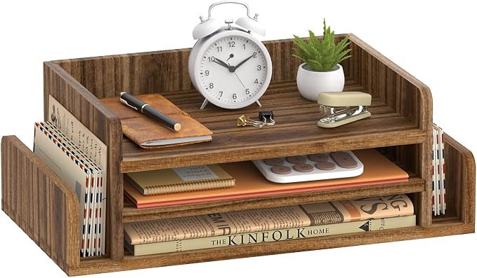 Wooden Desk Organizer, 3-Tier Paper Trays with 2 Mail Sorters, Dark Brown | Fully assembled with open shelves and side slots for sorting files, folder, letter, bill, magazine, notebook by SUPEASY