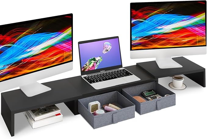 TEAMIX Wood Dual Monitor Stand Riser with Drawers-Length and Angle Adjustable Triple Monitor Stand with Storage Large Computer Riser for 2/3 Monitors/Laptops/PC/Printers by TEAMIX