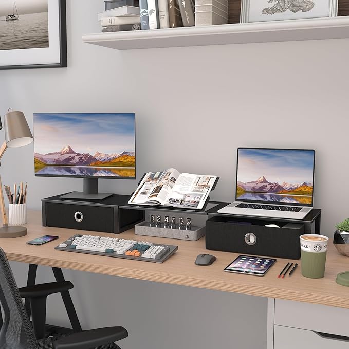 WESTREE Monitor Stand Riser with Adjustable Laptop Stand Riser, Steel Frame Dual Monitor Stand with Two Drawers for 2 Monitors, Desktop Oraganizer Stand for Computer,Laptop,Screen - Image 6