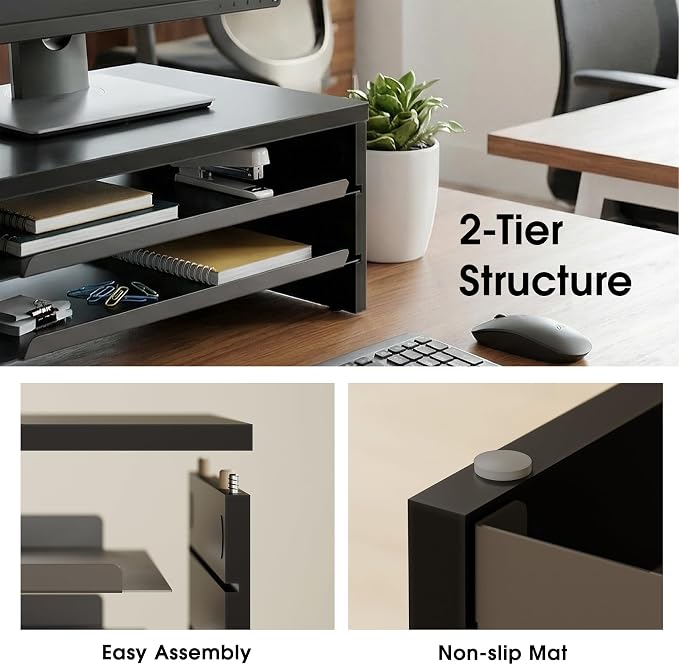 Fenge 14.3-Inch Monitor Stand with Slide-Out Trays, Wood & Metal Desk Shelf | 3-Tier Space-Saving Desk Storage Organizer, Fits Computer, Laptop, Printer and Telephone - Image 3