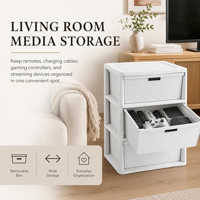 3-Drawer Storage Tower, Wide Plastic Organizer with Removable Bins, White | Decorative Weave Design, Tool-Free Assembly, Removable Bins, Carry Handles, Drawer Stops, BPA-Free - Image 4