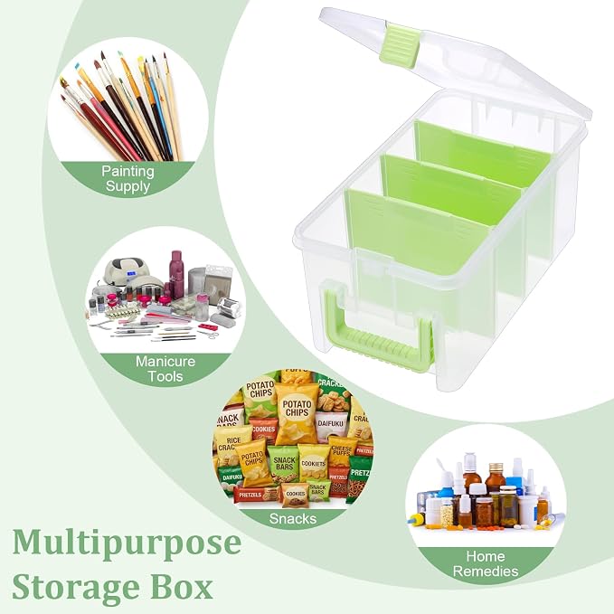BTSKY Clear Plastic Dividing Storage Box with 4 Deep Compartment Sewing Box | 13.9x7.9x6.2 Inches Adjustable Storage Bin with Lid Portable Craft Container Multipurpose Art Supply Organizer Green - Image 7