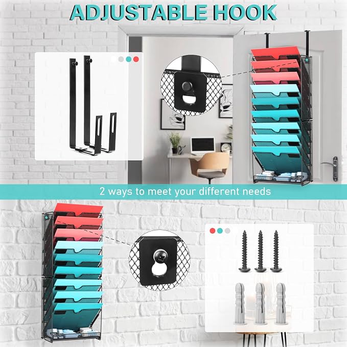 Wall File Organizer, 10 Pockets and 6 Pockets Mesh Hanging File Organizer, Wall Mount File Holder With Hooks, Wall Organizer Magazine Rack for Office Supplies - Image 7
