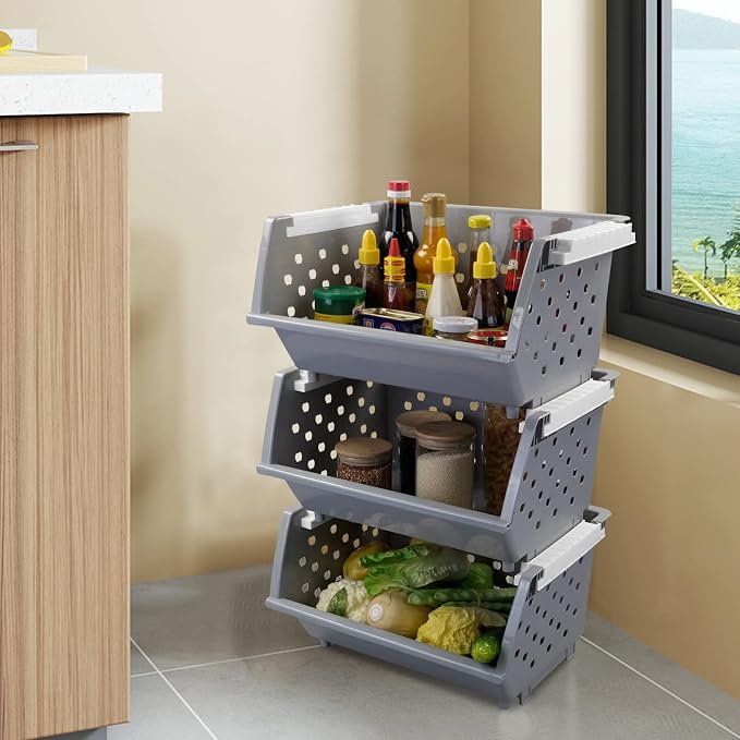 3 Pack Gray Large Stacking Basket Bin, Open Front Storage Baskets | Stackable - Image 4
