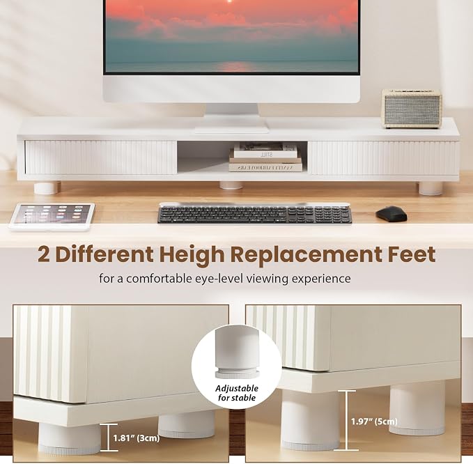 Artswish 42" White Dual Monitor Stand with Power Outlet & Storage Drawer | 42" Monitor Riser for Home Office, Built-In Power Outlet, Hidden Storage & Darwer, Adjustable Height - Image 4
