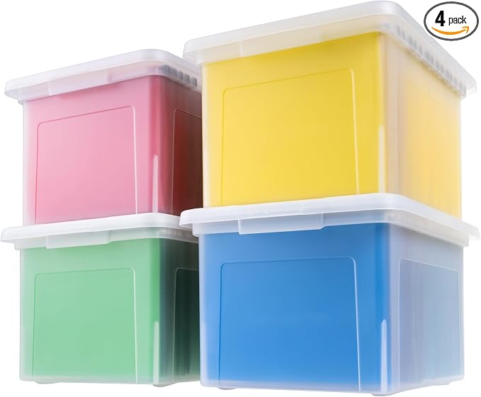 IRIS USA File Box, Plastic File Organizer with Lids for Letter/Legal File, Portable Document Box For Moving, Storage Bin with Durable and Secure Lid, Stackable Nestable BPA-Free, Clear 35 Qt. 4 Pack | Portable Moving Box, Stackable and Secure Storage, ... by IRISUSA