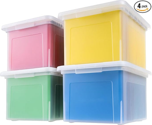 IRIS USA File Box, Plastic File Organizer with Lids for Letter/Legal File, Portable Document Box For Moving, Storage Bin with Durable and Secure Lid, Stackable Nestable BPA-Free, Clear 35 Qt. 4 Pack | Portable Moving Box, Stackable and Secure Storage, ... by IRISUSA