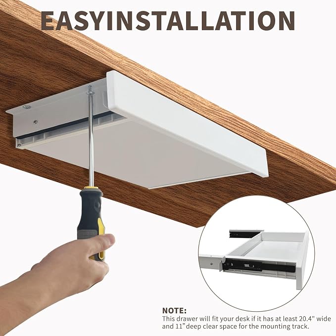 Under Desk Mounted Sliding Drawer to pull out, Attachable Desk Pencil Drawer Ball-Bearing Slides (White) - Image 5