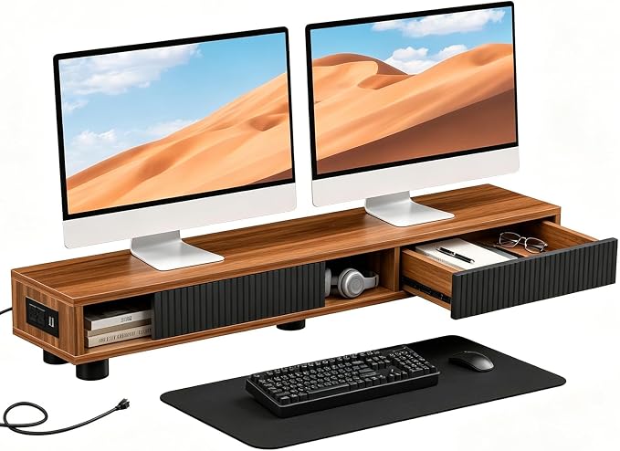 Artswish Dual Monitor Stand with Power Outlet, 42" Walnut Monitor Riser | Built-In Power Outlet, Drawer & Sliding Door Storage, Ergonomic Viewing Height, Walnut Wood Finish, For Office Work & Study by Artswish
