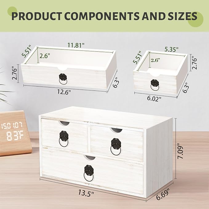 Wood Desk Organizer with Drawer, White Wooden Desktop Organizer, Tabletop Storage Organization Box for Countertop, Home Office Supplies (3 Drawer) - Image 3