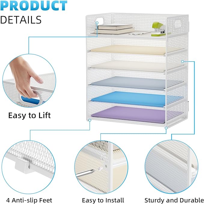 Marbrasse 6 Tier Paper Organizer Letter Tray - Mesh Desk File Organizer with Handle, Paper Sorter for Letter/A4 Office File Folder Holder - White - Image 4