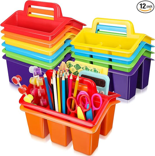 WILLBOND 12 Pcs Classroom Storage Caddies Stackable Utility Caddies with 4 Compartment Plastic Caddy with Handle Portable Storage Bins Organizers for Kids Schools Art Craft Supplies(Colorful) by Willbond+Technology+Limited