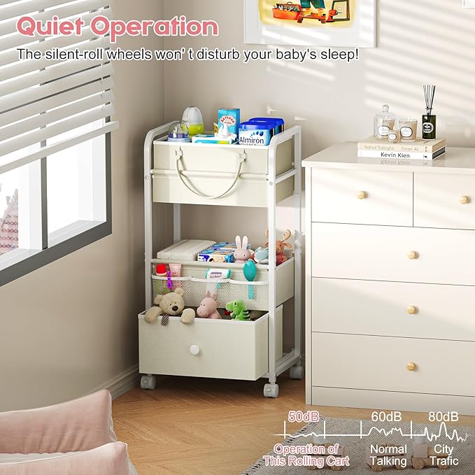 Cidaziya 2In1 Baby Diaper Caddy Organizer and Storage, 3 Tier Rolling Cart with Drawer, Detachable Dividers, Mobile Utility Cart Baby Dresser Clothes Organizer for Baby Essentials, Bedroom, Nursery - Image 6