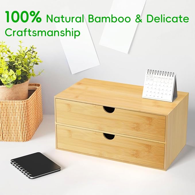 Neando Bamboo Desk Organizer with 2 Drawers, Wooden Countertop Drawers Organizer, Tabletop Storage Organization Box for Office & Home, No Assembly Needed - Image 3
