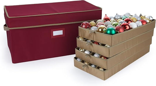 Covermates Keepsakes Adjustable Ornament Storage Box – Heavy-Duty Polyester, Padded Dividers & FlexGrid Trays – Protective Holiday Organizer with Stackable Walls & Label Window, Red by Covermates