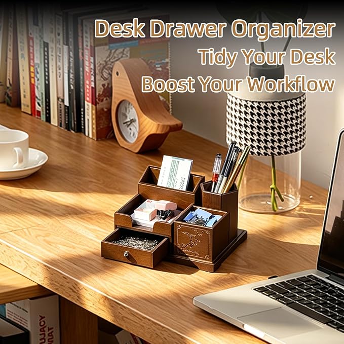 Bamboo Desk Organizer with Drawer, Wood Pen Holder & Card Slot, Brown | Desktop Storage Caddy, Office & Home | Natural Solid Bamboo, No Assembly, Non-Slip Base | Multi-Compartment, Ready to Use - Image 9