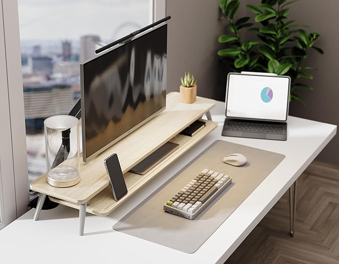 Fenge Dual Monitor Stand Riser, Wooden Desk Shelf with 2-Tier Storage | 42.5-Inch Wide, Sturdy Aluminum Legs, Built-In Phone & Tablet Slot, Desktop Organizer for Office Accessories - Image 7