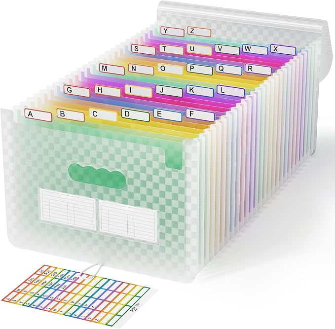 ABC life 26 Pockets Accordion File Organizer, Expanding File Folder, Green | Monthly Bill & Receipt Holder with Colored A-Z Tabs, Portable Folder Organizer for Home Office School, Fits Letter/A4 Size by ABClife