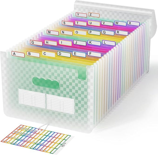 ABC life 26 Pockets Accordion File Organizer, Expanding File Folder, Green | Monthly Bill & Receipt Holder with Colored A-Z Tabs, Portable Folder Organizer for Home Office School, Fits Letter/A4 Size by ABClife