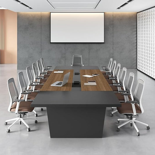 10FT Conference Table, Large Rectangular Seminar Meeting Table, Modern Conference Room Table with Cable Management & 2" Thickened Desktop for Office (Walnut + Gray, 118" L * 51" W * 30" H)
