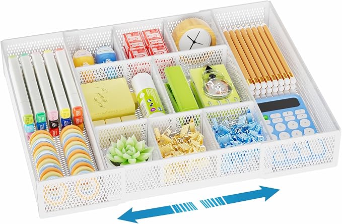 Marbrasse Expandable Desk Drawer Organizer, Mesh Drawer Organizer Tray with 10 Adjustable Compartments, Desk Organizers and Accessories, 5 Dividers Drawer for Office Supplies, Makeup & Vanity (White) by Marbrasse
