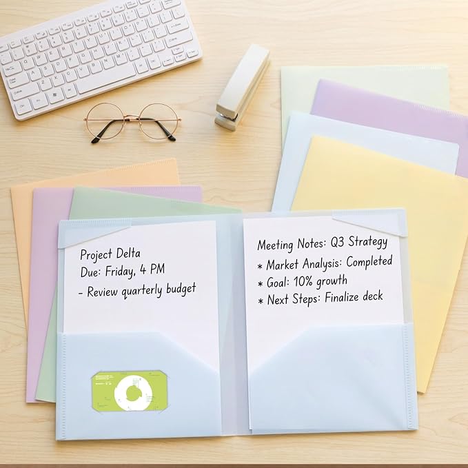 EOOUT 24pcs Plastic Folders with Pockets, Heavy Duty Pocket Folders, 2 Pocket File Folders with 2 Business Card Holder, 8 Colors, Letter Size, A4 Size, for Office School Filing Supplies - Image 2