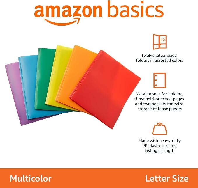 Amazon Basics Heavy Duty Plastic Folders with 2 Pockets for Documents, Letter Size Paper, School Supplies Organization, Assorted Colors, Pack of 24 - Image 2