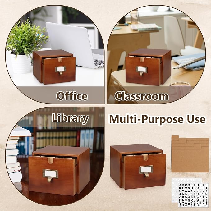 4x6 Index Card Holder Wooden Index Card Storage Box with Drawers Brown Vintage Card Catalog Box Recipe Notecard Box 5 Index Cards Dividers 2 Letter Smile Stickers for School Office - Image 4