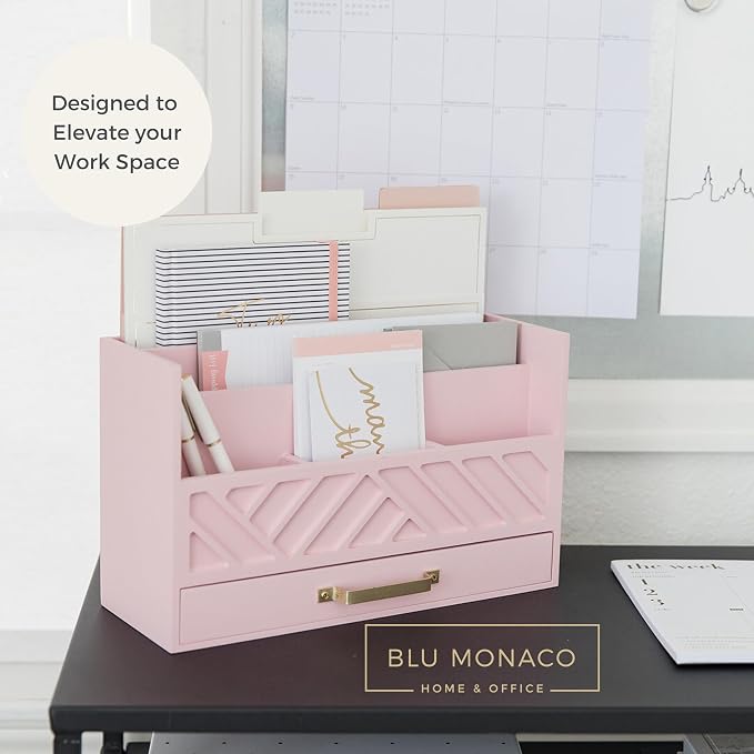 BLU MONACO | Pink Desk Organizers Wooden Mail Organizer with Drawer | Mail Sorter Organizer Countertop Gold Handle | Desk Organizers and Accessories Pink Office Storage - Image 3