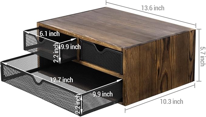 MyGift Rustic Burnt Brown Solid Wood Desktop Organizer Box with 3 Removable Black Metal Mesh Trays, Office Desk Supplies Storage Drawers for Accessories - Image 3