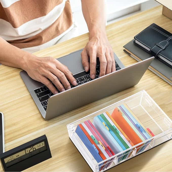 Mooliwe Index Card Holder Clear Acrylic Card Organizer 50 Pcs Divider Sheets for Desk File Note Holders, 4 Compartments Holds 600 Cards(3 x 5 Inch) - Image 5
