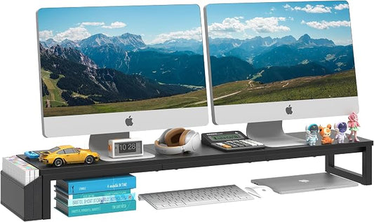 LAND·VOI Dual Monitor Stand Riser,41.5'' Long Monitor Stand for 2 Monitors, Wood and Steel Computer Monitor Stand, Desktop Oraganizer with Pen Holder, Monitor Riser for Desk Computer,Laptop,TV, Black by LAND%C2%B7VOI