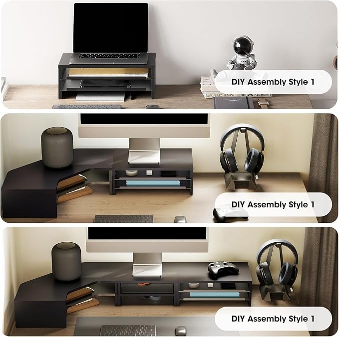 Fenge 14.3-Inch Monitor Stand with Slide-Out Trays, Wood & Metal Desk Shelf | 3-Tier Space-Saving Desk Storage Organizer, Fits Computer, Laptop, Printer and Telephone - Image 8