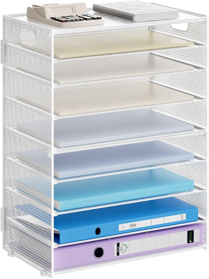 Marbrasse Paper Organizer Letter Tray, 9 Tier Mesh File Organizer with Handle, Paper Sorter Desk Organizer for Home Office Supplies - White by Marbrasse