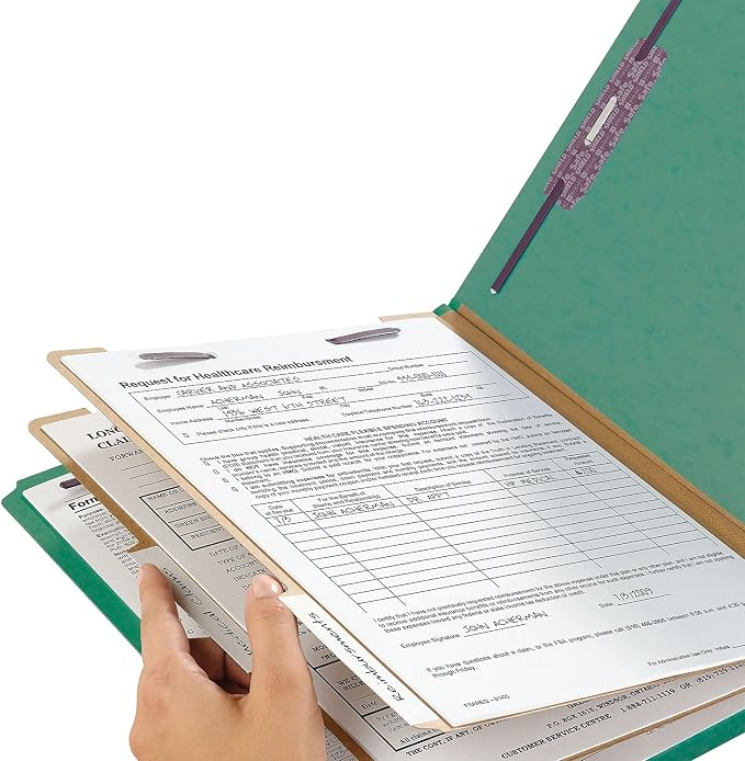 Smead 100% Recycled End Tab Pressboard Classification File Folder with SafeSHIELD Fasteners, 2 Dividers, 2" Expansion, Letter Size, Green, 10 per Box (26785) - Image 9