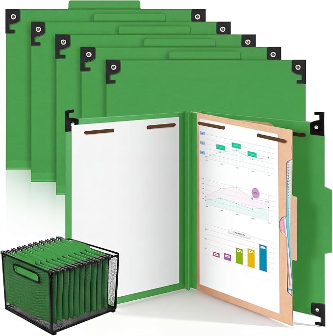 Henoyso 10 Pcs Hanging Classification Folders,1 Pocket Divider,Green | Letter Size, Hanging File Folders with 1 Pockets, 2" Expansion, 4 Prong Fasteners, 1/3 Tab Cut, 4 Sections, Pressboard Manila by Henoyso