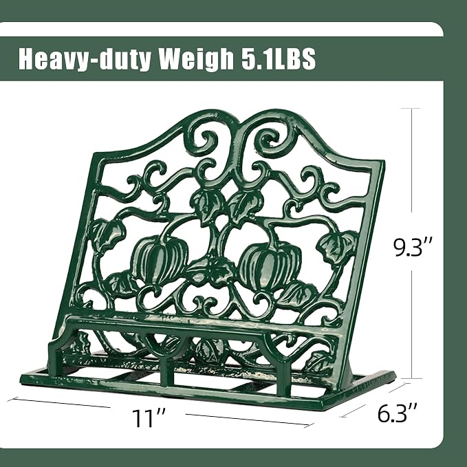 Vintage Cookbook Stand, Durable Wrought Cast Iron Recipe Book Holder for Kitchen Counter, Large Metal Cook Book Stand with Pumpkin Design, Green - Image 6