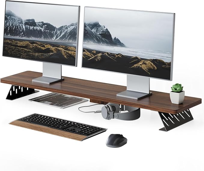 Fenge Monitor Stand Riser, Wooden & Metal Desk Shelf Organizer, Brown | 42.5 Inch Dual Monitor Riser for 2 Monitors, Multifunctional Monitor Shelf for Laptop, PC, Printer by Fenge