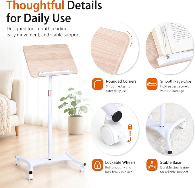 Rolling Floor Book Stand with Wheels, Reading Stand Book Holder | 16.5 x 11.8 in large panel | 19–57 in height adjustable| 360° angle | Lockable wheels | For books, sheet music, laptop - Image 6