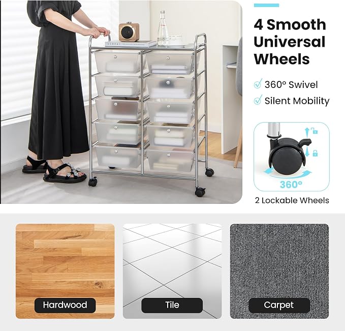 Moccha 10-Drawer Rolling Storage Cart - Under Desk Storage Drawers with wheels for Craft Art Supply Paper Salon, Scrapbook Paper Tools, Mobile Utility Cart for Classroom, Clear - Image 6