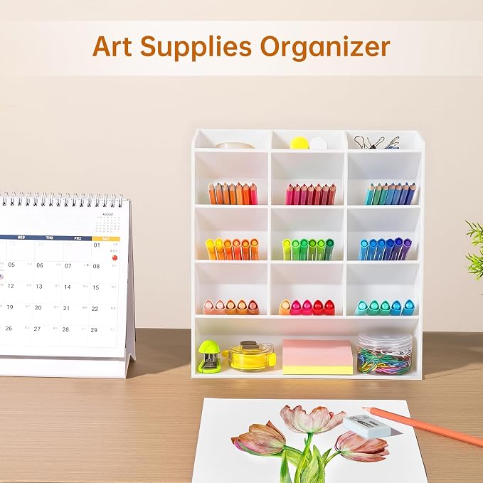 BEYGORM Acrylic Vertical Marker Organizer for 150 Markers, Desk Orgaizer | 13 Compartments Clear Angled Pen & Pencil Holder, Large Stationery & Art Supply Storage for School (10.2 x 9.8 x 4 Inch) - Image 5