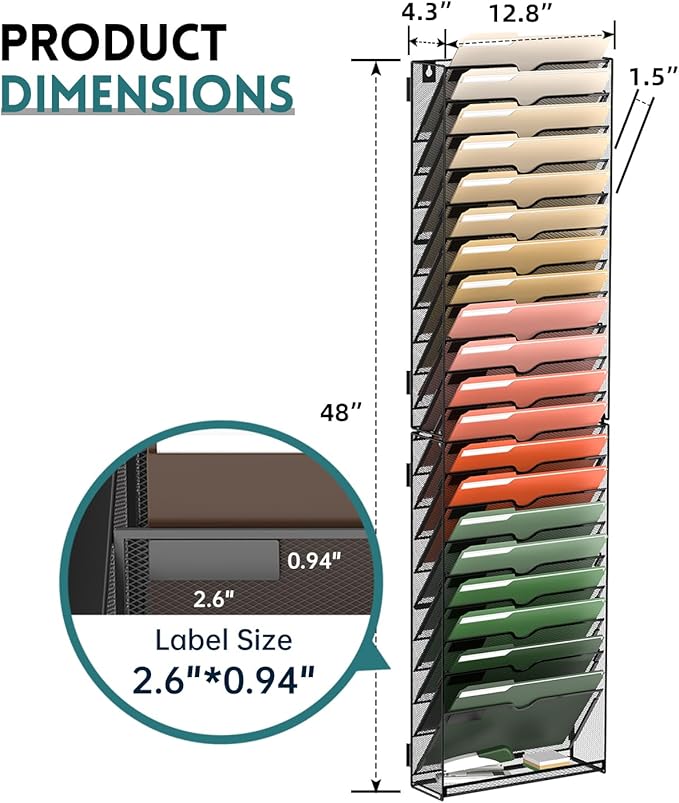 21 Tier Wall File Organizer, Hanging Wall Mounted Mail Organizer with Label Slots, Metal Mesh File Holder Magazine Rack for Office, Home, School or Classroom, Black - Image 4