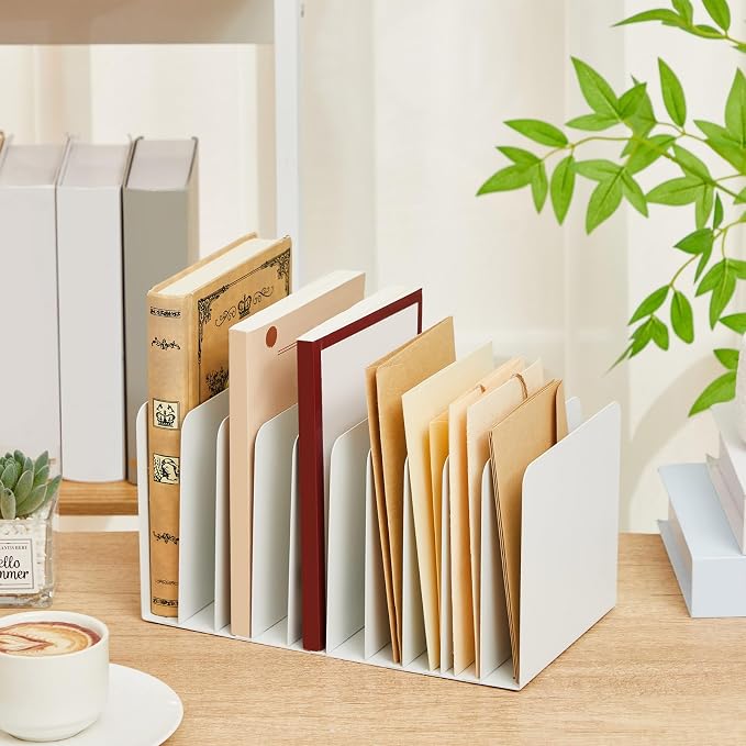 Suzile Metal Desktop File Organizer, 10 Compartments, Vertical File Sorter, White, 5.79" W x 10.63" L x 5.41" H, Office, Reception Areas, Workspace - Image 3