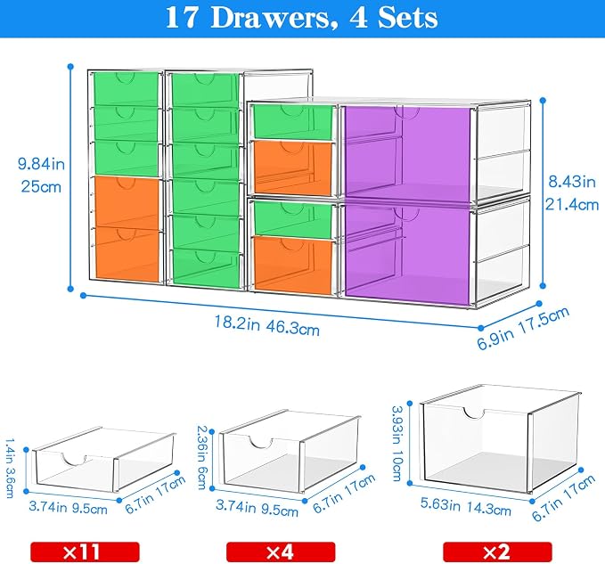 ARSTPEOE 17-Drawer Acrylic Storage & Makeup Organizer for Desk, Bath | Smooth-glide drawers, clear acrylic, 4-set stackable, dustproof, wipe-clean, for serum samples, sheet masks, bobby pins - Image 3