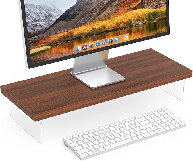 Monitor Stand Riser, 25x10 in Wood & Acrylic Computer Desk Organizer Shelf | Computer Monitor Stand With Wood & Acrylic Design; Works As Laptop Riser, Printer Stand, TV Screen Riser And Desk Organizer. by SSWOOD