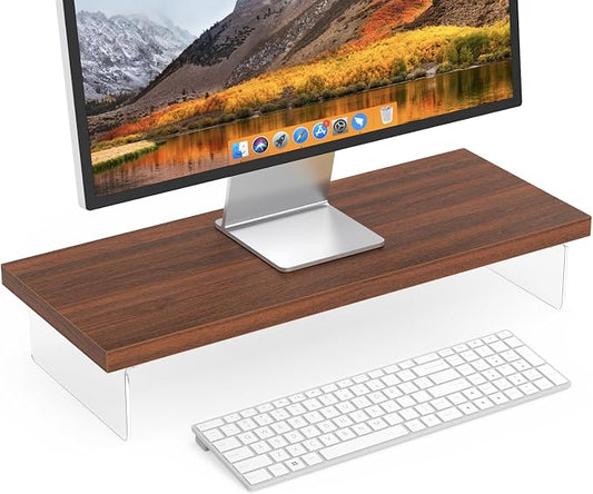 Monitor Stand Riser, 25x10 in Wood & Acrylic Computer Desk Organizer Shelf | Computer Monitor Stand With Wood & Acrylic Design; Works As Laptop Riser, Printer Stand, TV Screen Riser And Desk Organizer. by SSWOOD