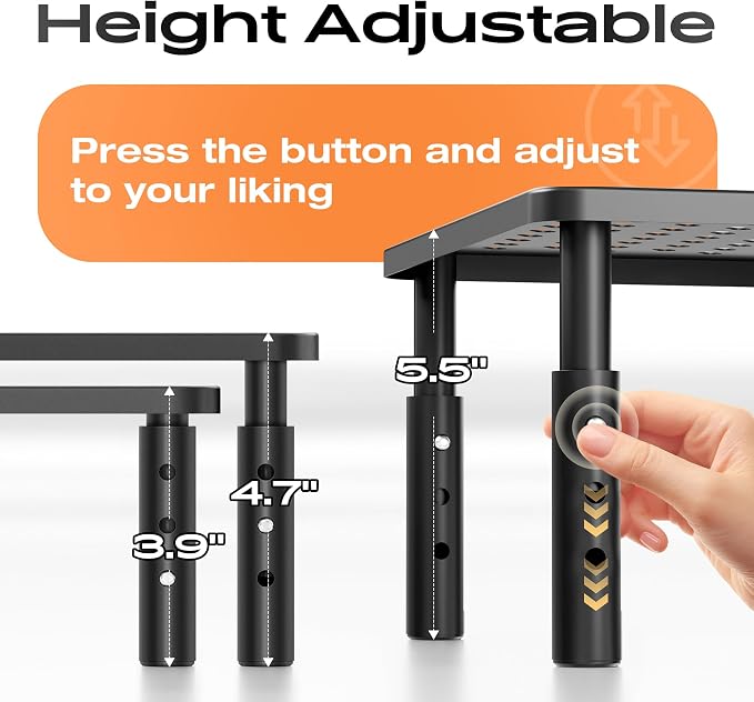 Computer Monitor Stand Riser for Desk, 3 Height Adjustable PC Laptop TV Desktop Monitor Stand Shelf, Metal Printer Table with Phone Holder, Stand Riser for Desk, Office Desk Organizers and Accessories, 2 Pack - Image 2