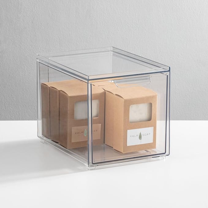 mDesign Plastic Bathroom Organizer Bin w/Pull Out Drawer - Slim Stackable Storage Container for Bathroom Accessories - Perfect for Organizing Bathroom Cabinet - Lumiere Collection - 2 Pack - Clear - Image 2